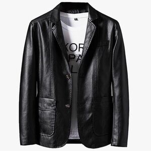 Men’s Black Faux Leather Blazer Jacket- Slim Fit